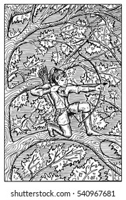 Elf with bow and arrows on tree in forest. Fantasy magic creatures collection. Hand drawn vector illustration. Engraved line art drawing, graphic mythical doodle. Template for card game, poster