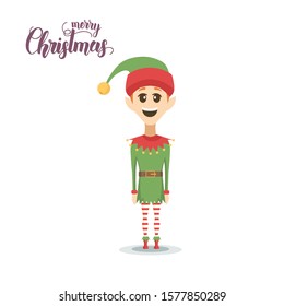 Elf boy in Flat style isolated on white. Vector illustration. Happy New Year and Christmas. Hand made Lettering