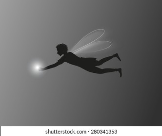 elf boy flying silhouette with lantern, night fairy, vector.