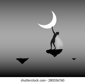 elf  boy, holding  the moon, life on the flying rock,fairy  wonderland, dream, shadows 