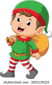 The elf boy is holding a sack of gift of illustration