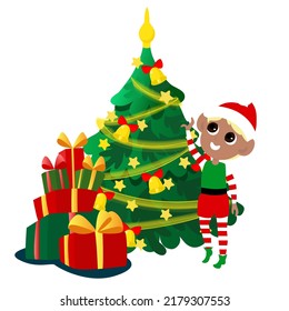Elf boy near Christmas tree with gifts in cartoon style isolated on white background.