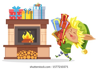 Elf boy near fireplace in house, christmas eve. Character hold lot of packages with gifts for children. Colorful boxes with presents on hearth in living room. Vector illustration in flat style