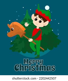 Elf boy on a toy horse against the background of Christmas trees. Postcard in cartoon style and text Merry Christmas.