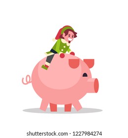 elf boy sitting on pig merry christmas holiday new year concept flat isolated vector illustration