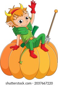 The elf boy is waving and sitting on the pumpkin of illustration