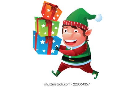 Elf brings a pile of gift box in Christmas 