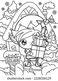 Elf carries gifts near Santa's house. Christmas and New Year. Coloring book for children. Black and white vector illustration.