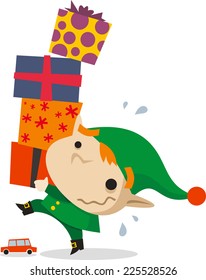 Elf carrying christmas presents vector cartoon illustration