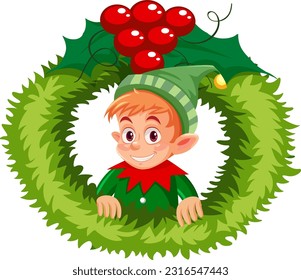 Elf-Zeichentrickfigur zwischen Weihnachtskarikatur
