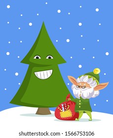 Elf cartoon character holding festive candy bag standing near fir-tree. Winter postcard with snow-falling weather and funny gnome on snowy land. Festive card with fairy smiling tree and hero vector