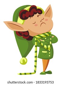 Elf cartoon character with sad mood standing and crossing hands. Christmas card with traditional assistant wearing green costume and striped scarf. Winter festive angry hero with big ears vector