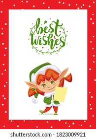 Elf cartoon character wearing costume and hat holding letter. Postcard Best Wishes on winter holidays on red frame with snow symbols. Card gnome fairy hero with message paper on white vector
