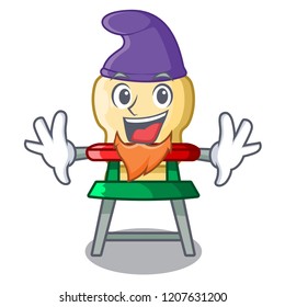 Elf character baby eat on highchair indoors