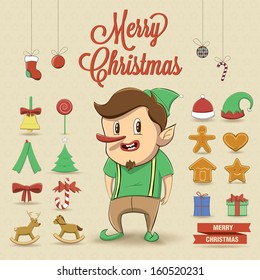 Elf character and christmas elements. Vector icons