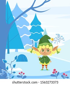 Elf character in festive clothes standing near snowy fir-trees. Happy fairy walking in snowfalling weather in forest. Winter holiday postcard with hero and blossom with spruce in blue color vector