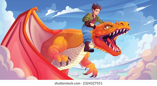 Personaje elfo volando sobre dragón en el cielo. Dibujo vectorial de un joven valiente montando un monstruo reptil con enormes alas, colmillos afilados y garras contra el fondo de la nube. Aventura de cuento de hadas