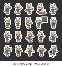 Conjunto de guias de personagens Elf com várias ações de comunicação e poses educacionais expressivas para explicar ideias, fazer perguntas e entregar mensagens claramente para seus projetos de design