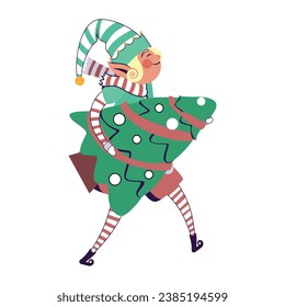 Elf Character for Merry Christmas, Isolated in Retro Cartoon Style