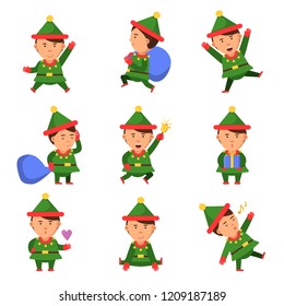 Elf characters. Xmas mascot collection dwarf santa helper fun christmas cartoon vector person in action pose. Character elf xmas in green suit, mascot christmas illustration
