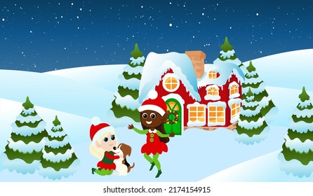 Elf children in traditional costumes play with a dog. In the background is the house of Santa Claus near the fir trees. Snowy winter Christmas landscape.