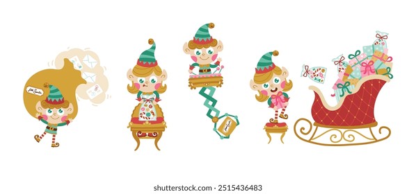 Elf Christmas character set in simple hand-drawn cartoon style. Vector illustration of fairy-tale heroes working to collect gifts for children. Isolate on a white background