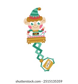 Elf is a Christmas character in a simple hand-drawn cartoon style. Vector illustration of a fairy tale hero working with gifts for children. Isolate on a white background