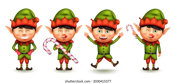 Elf christmas character vector set. Little boy 3d elves characters with smiling expression in jumping and holding candy cane gestures for xmas graphic design collection. Vector illustration.
