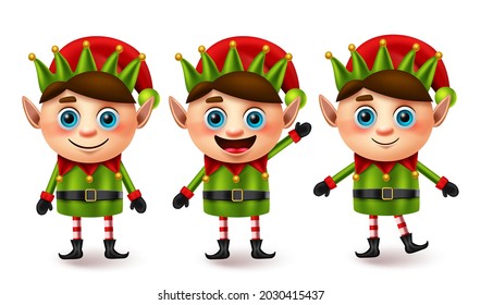 Elf christmas character vector set. Elfs xmas characters in standing pose and gesture with friendly facial expression for cute 3d little kid collection element design. Vector illustration.
