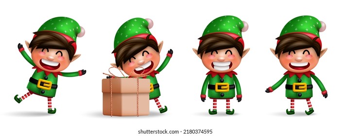 Elf christmas characters vector set. Elves 3d kids character in friendly and cute faces standing and isolated in white background for xmas collection design. Vector illustration.
