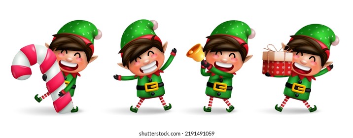 Juego de vectores de personajes de navidad de Elf. Personaje Elves 3d para niños con bastón de caramelo, regalos y campana elementos de navidad parados y aislados en fondo blanco para el diseño de la colección de navidades. Ilustración vectorial.
