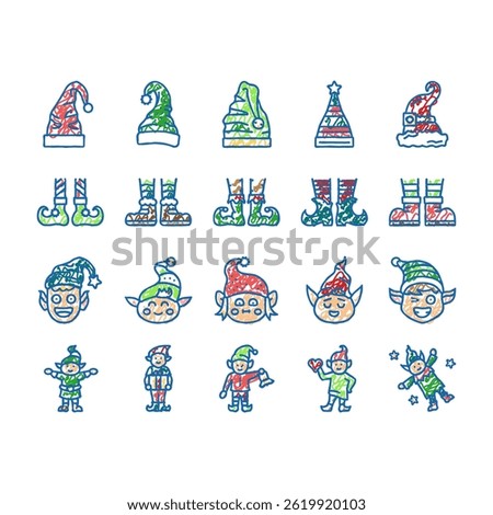 elf christmas cute character doodle icons set vector. xmas hat, santa gift, holiday happy, fun claus, present feet, shoes merry, funny elf christmas cute character sketch hand drawn