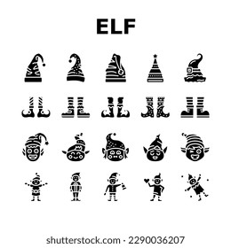 elf christmas cute character icons set vector. xmas hat, santa gift, holiday happy, fun claus, present feet, shoes merry, funny elf christmas cute character glyph pictogram Illustrations