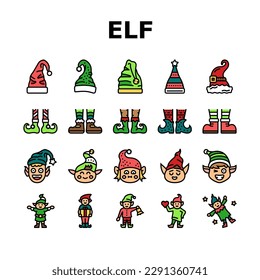 elf christmas cute character icons set vector. xmas hat, santa gift, holiday happy, fun claus, present feet, shoes merry, funny elf christmas cute character color line illustrations