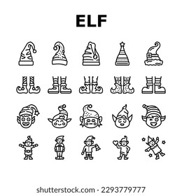 elf christmas cute character icons set vector. xmas hat, santa gift, holiday happy, fun claus, present feet, shoes merry, funny elf christmas cute character black contour illustrations