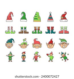 elf christmas cute character icons set vector. xmas hat, santa gift, holiday happy, fun claus, present feet, shoes merry, funny elf christmas cute character color line illustrations