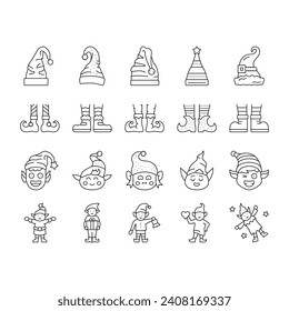 elf christmas cute character icons set vector. xmas hat, santa gift, holiday happy, fun claus, present feet, shoes merry, funny elf christmas cute character black contour illustrations