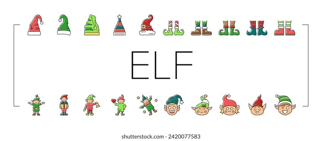 elf christmas cute character icons set vector. xmas hat, santa gift, holiday happy, fun claus, present feet, shoes merry, funny elf christmas cute character color line illustrations