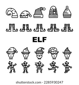 elf christmas cute xmas hat icons set vector. santa holiday, happy fun, gift winter, merry present, little funny, elves feet shoes elf christmas cute xmas hat black contour illustrations