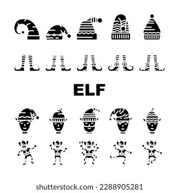 elf christmas cute xmas hat icons set vector. santa holiday, happy fun, gift winter, merry present, little funny, elves feet shoes elf christmas cute xmas hat glyph pictogram Illustrations