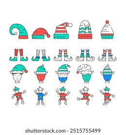 elf christmas cute xmas hat icons set vector. santa holiday, happy fun, gift winter, merry present, little funny, elves feet shoes elf christmas cute xmas hat color Contour Illustrations