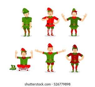 Elf Christmas set poses. Various movements assistant of Santa Claus. Surprised and sleep little man in green suit. XMAS yoga. Aggressive and good character for new year