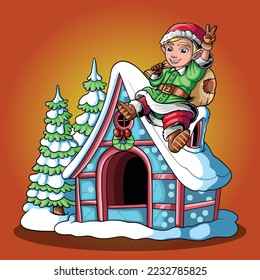 Elf Christmas sit on pine tree house cartoon
