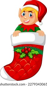 Elf in Christmas sock cartoon character illustration