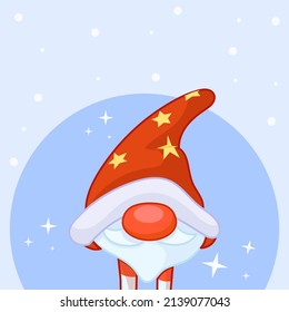 Elf with a Christmas theme and a winter background. Merry Christmas card with text. Cute vector illustration.