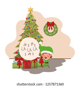 elf with christmas tree and gifts