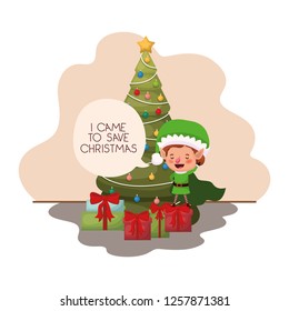 elf with christmas tree and gifts