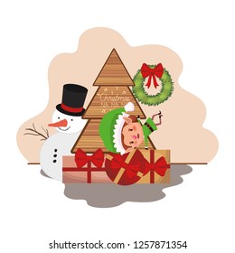 elf with christmas tree and snowman