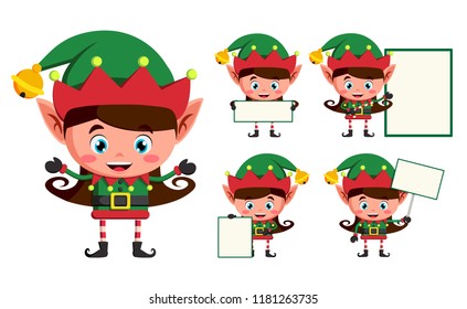 Elf christmas vector character set. Girl elves cartoon characters working and holding blank white board for christmas greeting isolated in white background. Vector illustration.
