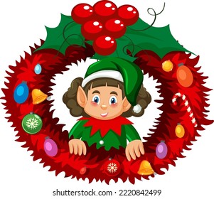 Elf Christmas wreath in cartoon style illustration